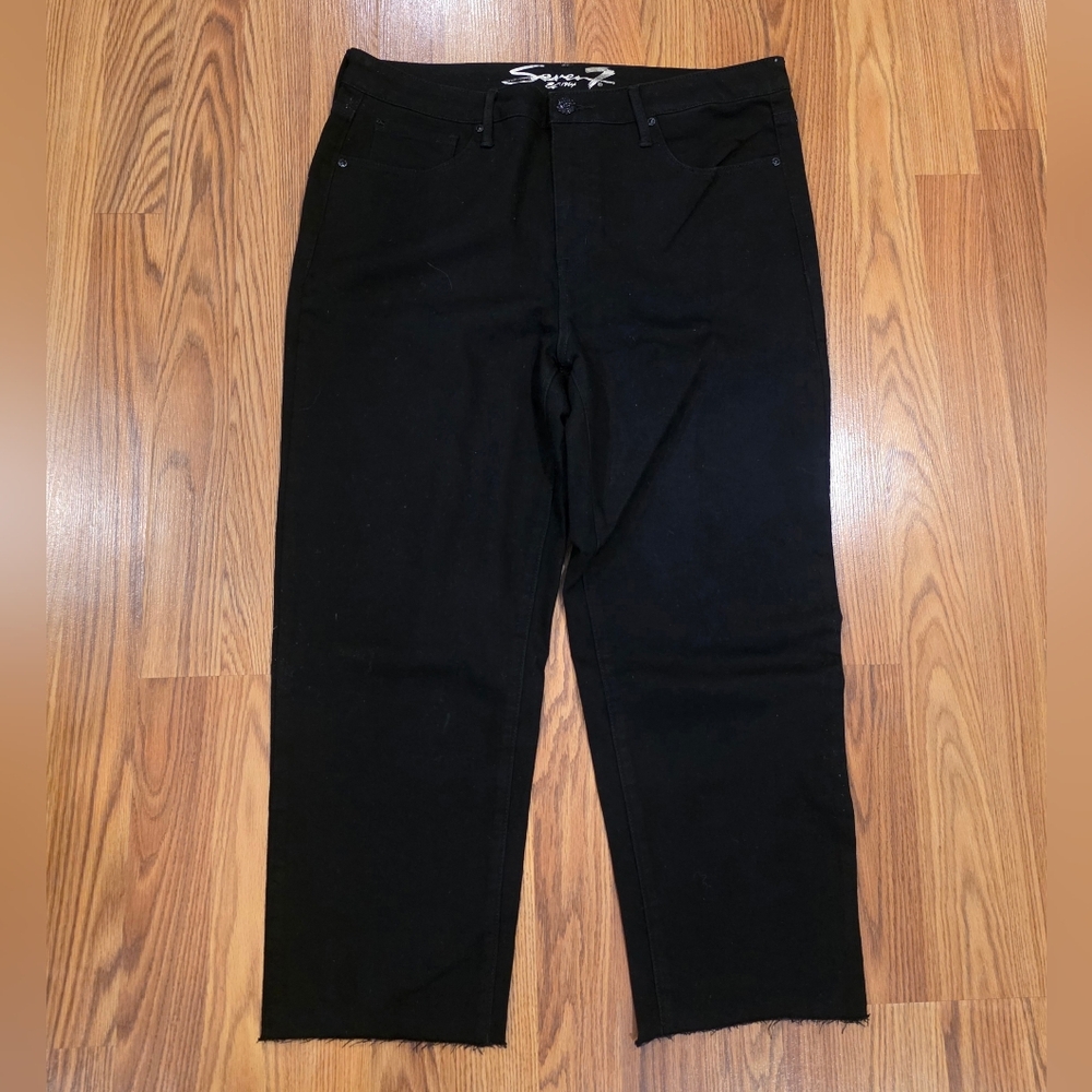 Seven 7 Women's SZ 14 Tower Straight Crop High Waisted Black Denim Jeans Frayed